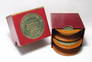 Kosmic Silk Casting Line Box And Two Wooden Spools With Embossed Foil Labels