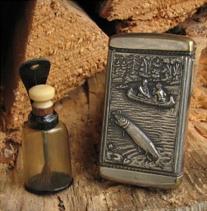 A Truly Tiny (1.25″) Lapel Dry Fly Oil Bottle Of Celluloid And A Match Safe