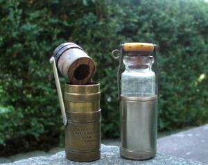 A Pair Of Hardy “Zephyr” Pocket Bottles …The Scarce Brass Version On The Left And The Rare First Model With The Inner Bottle Of Glass On The Right