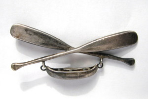 This Small Sterling Silver Pin Featuring A Birch Bark Canoe And Crossed Paddles Is 2.5" Wide. Note The Tiny Paddle In The Canoe !